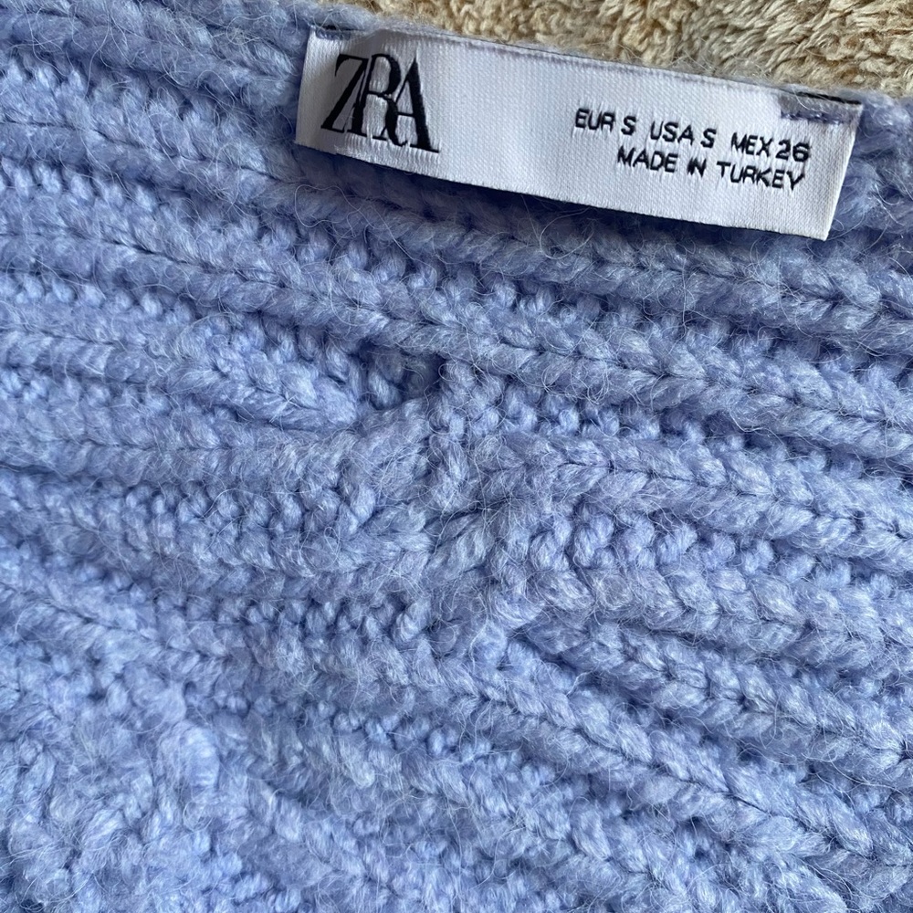 ZARA Wrap Cardigan Chunky Cable Knit Cropped Sweater Periwinkle S